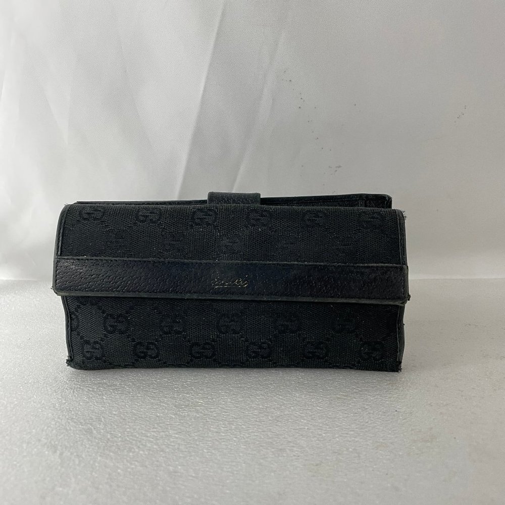 Gucci Vtg GG Monogram Black Canvas Long Wallet